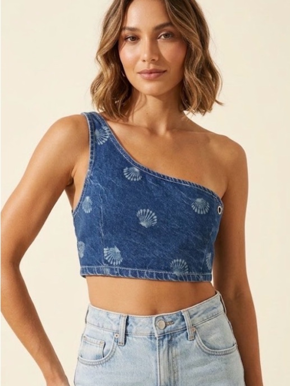 Urban outfitters denim one shoulder top with shells size medium